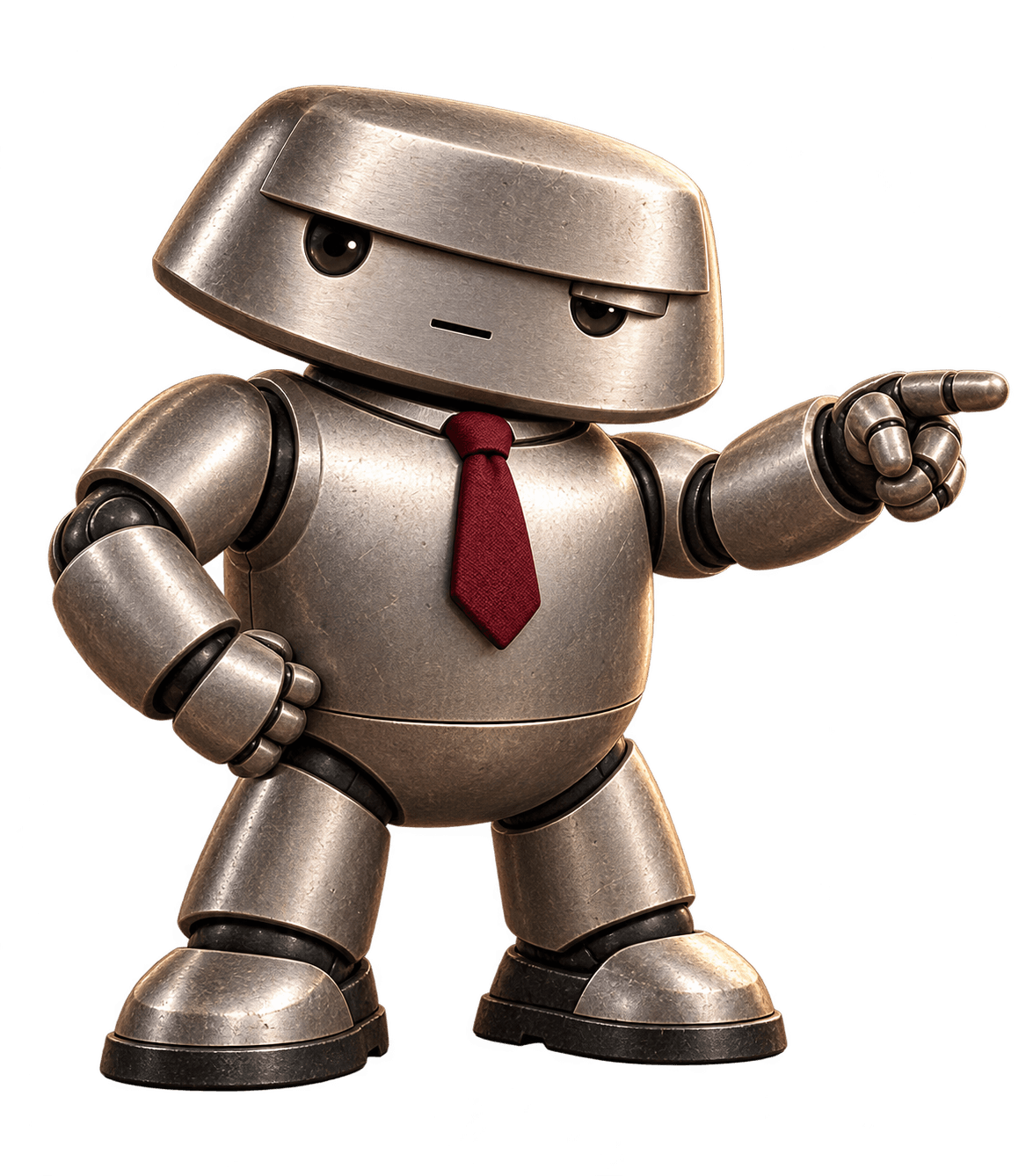 Arnold, a silver robot in a burgundy tie, presenting your action plan